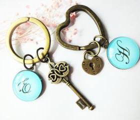 Personalized Initial Letters Key Lock Glass Valentine Couple Keychains