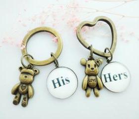 Couple Bears Keychains His Hers Glass Black White Handmade Gifts