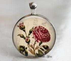 Vinatge red rose flowal silver round glass necklace keychain