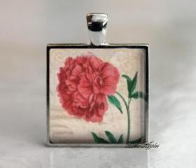 Big red flower antique floral glass tile pendant necklace keychain
