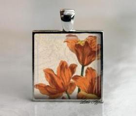 Antique Orange Lilies Square 1 inch Glass Tile Silver Necklace Keychain