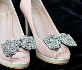 Rhinestone gem bow shoe clips,Set of 2 for bridal wedding