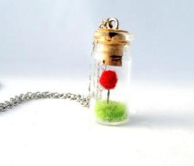 Terrarium Lorax Necklace, Red Pom Pom Truffula Tree on Green Grass Needle Felted