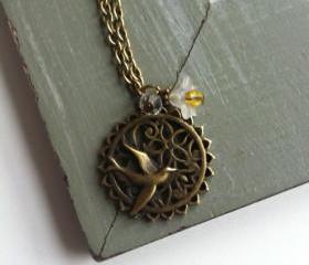White Antique Bronze Bird and Flower Wreath Necklace