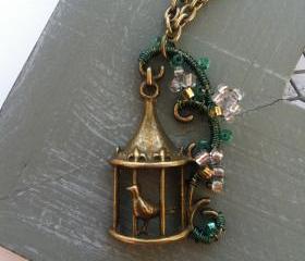 Song Bird - Antique bronze bird cage necklace