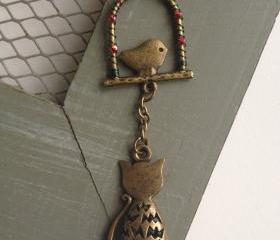 Watch the Birdy - Antique Bronze Cat Necklace