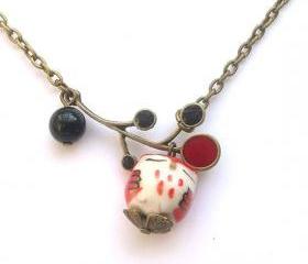 Antiqued Brass Leaf Agate Porcelain Owl Necklace