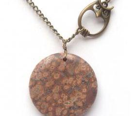 Antiqued Brass Owl Poppy Jasper Necklace