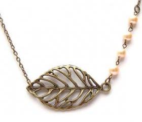 Antiqued Brass Leaf Pearl Necklace
