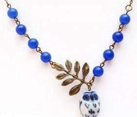Antiqued Brass Leaf Blue Jade Porcelain Owl Necklace