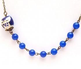 Antiqued Brass Blue Porcelain Owl Jade Necklace