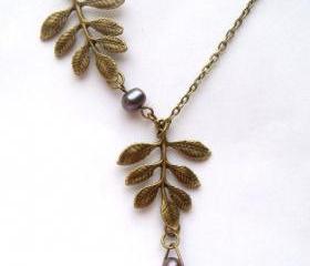 Antiqued Brass Leaf Fresh Water Pearl Necklace