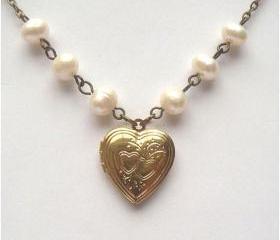 Antiqued Brass Heart Locket Fresh Water Pearl Necklace