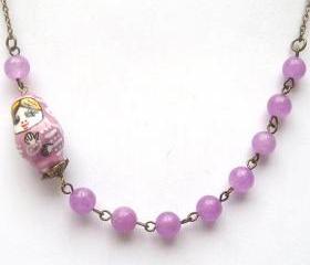 Antiqued Brass Purple Jade Porcelain Matryoshka Necklace