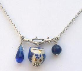 Silver Leaf Jade Quartz Porcelain Owl Necklace