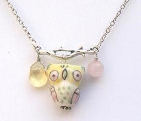 Silver Leaf Jade Quartz Porcelain Owl Necklace