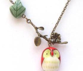 Antiqued Brass Branch Porcelain Owl Leaf Necklace