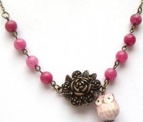 Antiqued Brass Flower Purple Jade Porcelain Owl Necklace