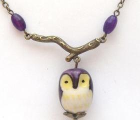 Antiqued Brass Branch Crystal Porcelain Owl Necklace
