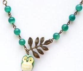 Antiqued Brass Leaf Green Agate Porcelain Owl Necklace