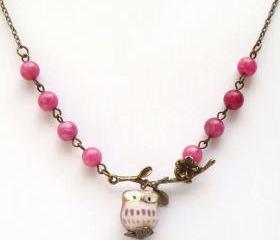 Antiqued Brass Leaf Purple Jade Porcelain Owl Necklace