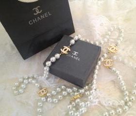 Designer Gold CC Long White Pearl Necklace