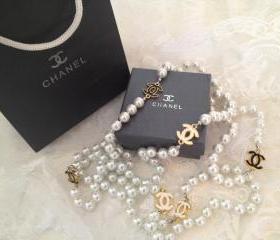 Handmade Designer Inspired Gold CC Long White Pearl Necklace