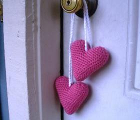 Plush Amigurumi Crochet Hanging Pink Valentine Heart Stuffies, ready to ship.