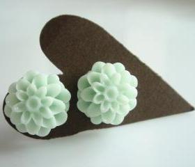 Mint Green Chrysanthemum Flower Bud Stud Earrings