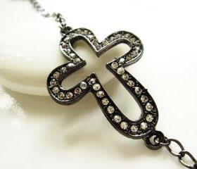 Rhinestone Sideways Cross Gunmetal Black Bracelet