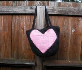 Cotton Crochet Reusable Shopping Bag Tote in Black with Pink Heart applique, ready to ship.