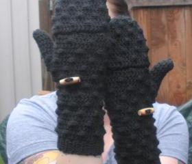 Black convertible Mittens Fingerless Gloves, crochet gloves, ready to ship.