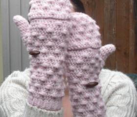 Powder Pink convertible Mittens Fingerless Gloves, crochet gloves, ready to ship.