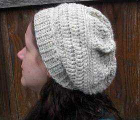 Chunky Crochet Slouch Hat in Oatmeal, ready to ship