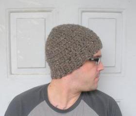 Mens Chunky Crochet Beanie Hat in Brown Tweed, wool blend, ready to ship.