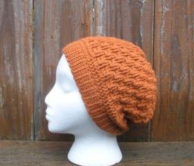 Unisex textured crochet basket weave slouch beanie hat in Pumpkin, ready to ship.