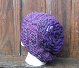 Hipster Slouch Hat crochet purple with color flecks and large flower, ready to ship.