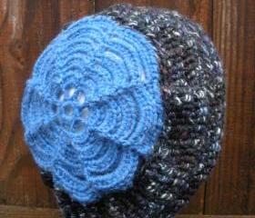 Slouch Hat in dark charcoal gray with multicolor flecks and blue floral finish, ready to ship.