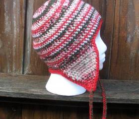 Crochet earflap beanie skullcap in variegated winter colors, ready to ship.