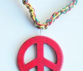 Large red peace sign macrame hemp necklace in Rasta shades