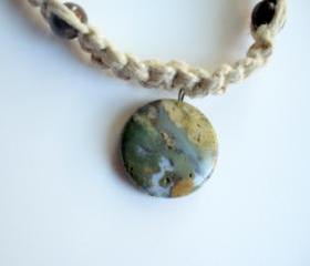 Hemp Necklace with Ocean Jasper Pendant, Macrame