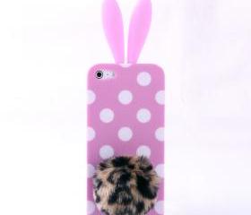 Cute Pink 3D Wave Point design Rabbit Ear and Leopard Tail Silicone Case for Iphone 4/4s