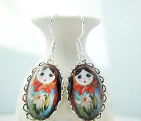 Floral matryoshka doll white lily small oval glass silver lace earrings