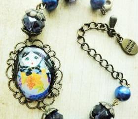 matryoshka doll beaded oval glass dome bracelet purple blue
