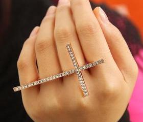 Fashion Rhinestone Silver Cross 3 Fingers Ring