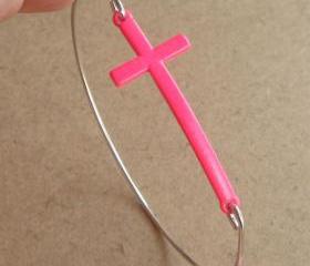 Pink Cross Bangle Bracelet, Simple Everyday Jewelry, Elegant gift, Bridesmaid Gift, Bridal Wedding Jewelry