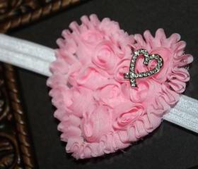 Valentine Pink Chiffon Heart Headband or Clip for Newborn Baby Infant Toddler Girl