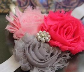 Pink & Gray Shabby Flower Headband or Clip for Newborn Baby Infant Toddler Girl by miniME