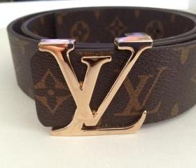Vintage 80's Designer M/L Gold Buckle Brown Tan LV Monogram Unisex Belt