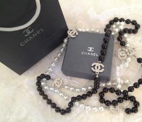 Designer Silver CC Black White Diamond & Pearl Necklace